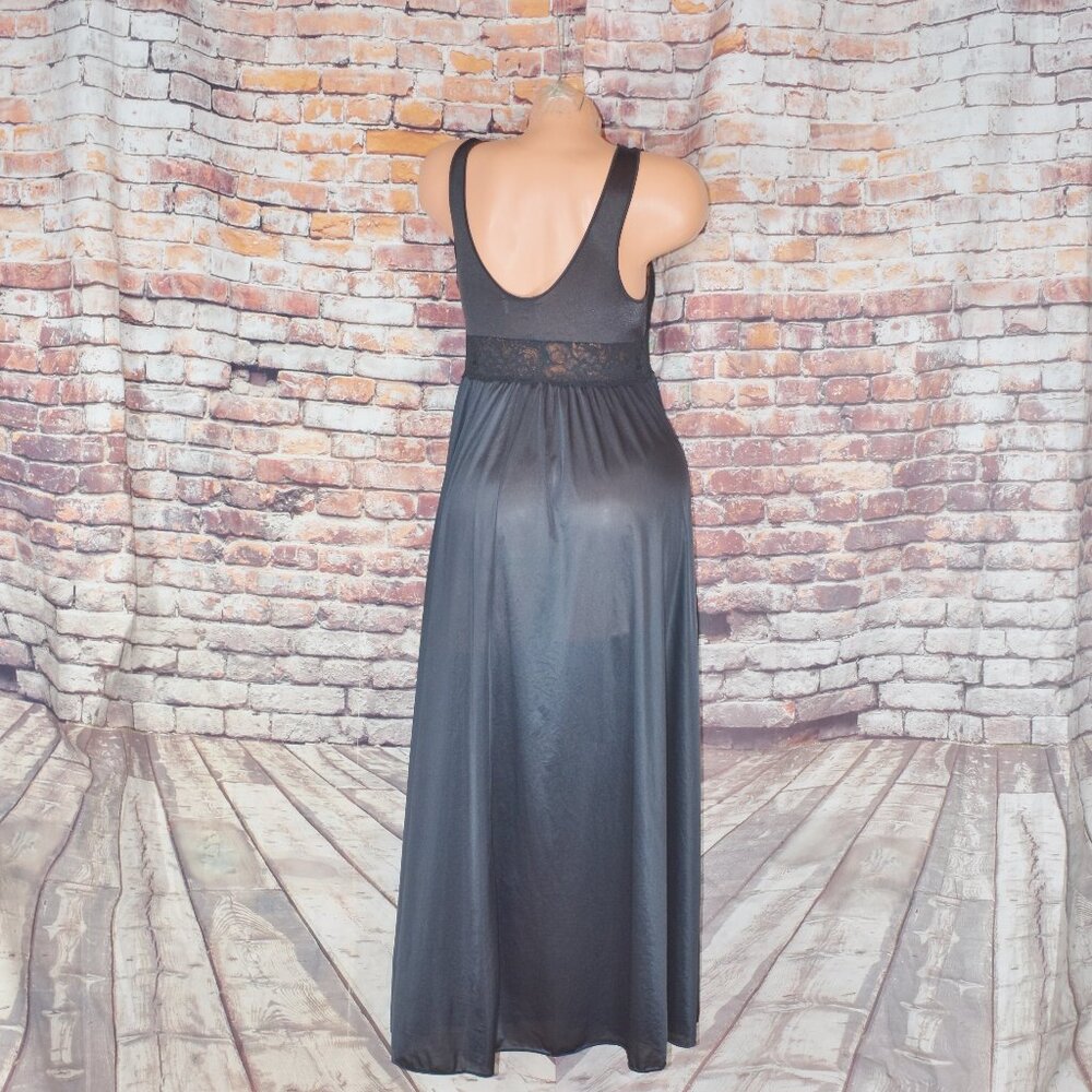 Shadowline Medium Black Full Sweep Silky Nylon Nightgown Olga esque W Lace Vtg - Picture 9 of 12